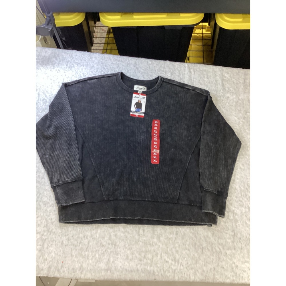 Seven7 Womens XL Waffle Crewneck Sweatshirt Black Mineral Wash F15738L603 NEW